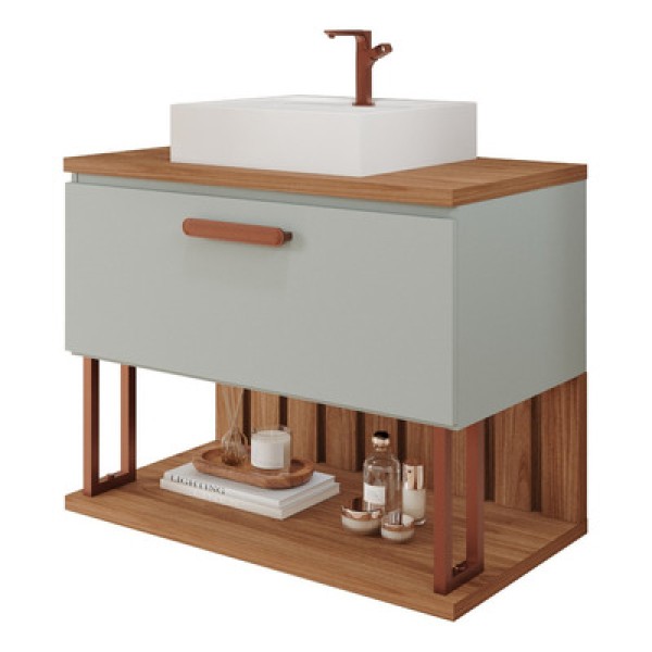 Gabinete Para Banheiro 80 Cm 100% Mdf Nicho 1 Porta Basculante Duna Mgm Móveis Pistache/freijo Pistache/freijo