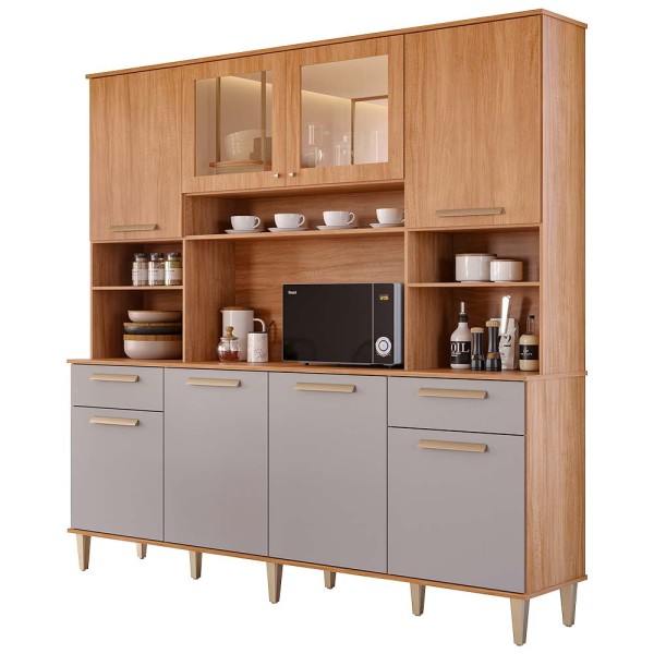 Cozinha Compacta Diamante 200cm 8 Portas 2 Gavetas - Cinamomo/Platina