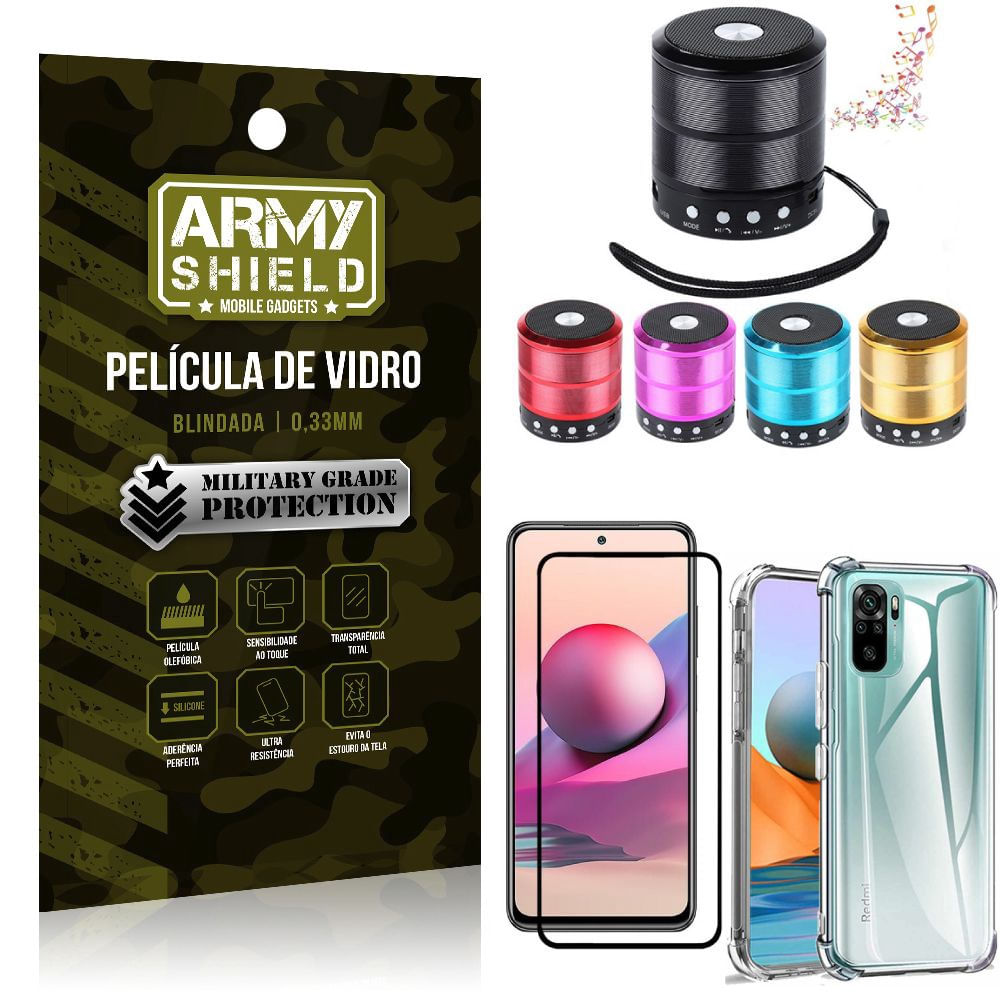 Kit Redmi Note 10S Mini Som Bluetooth + Capa Anti Impacto + Película Vidro 3D - Armyshield