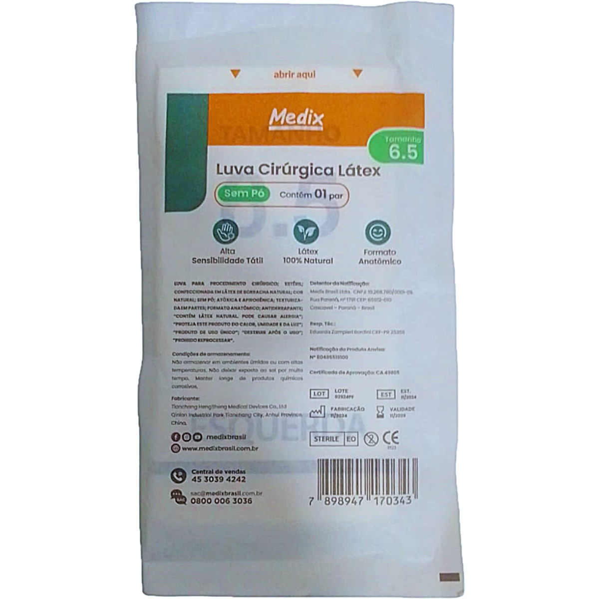 Encontraproduto.com.br - Luva Cirúrgica Medix 6.5 Estéril de Látex Sem Pó - par