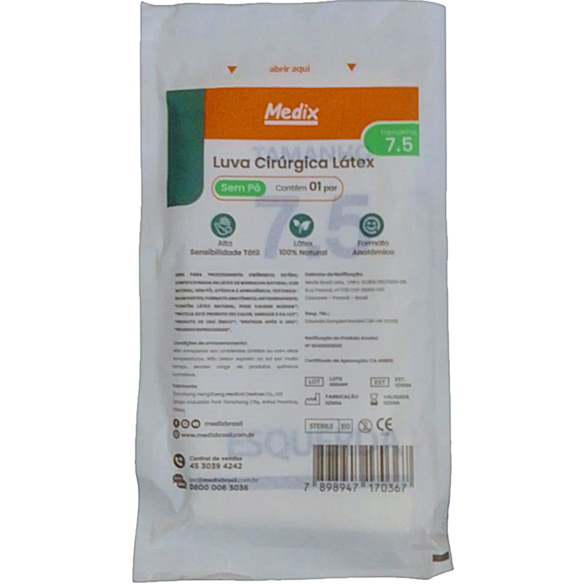 Encontraproduto.com.br - Luva Cirúrgica Medix 7.5 Estéril de Látex Sem Pó - par