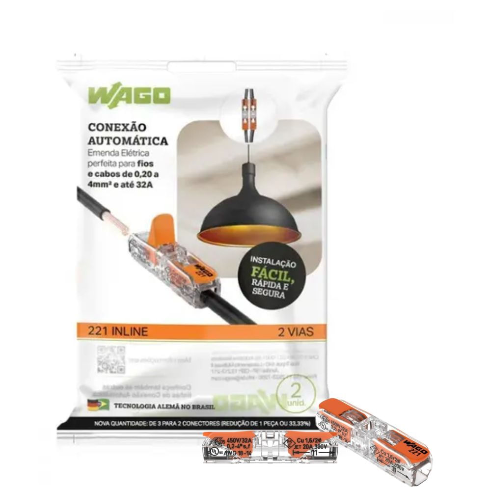 Encontraproduto.com.br - Conector Elétrico Emenda Wago 2 Polos Pacote com 2 Unidades