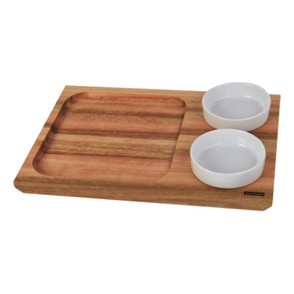 Encontraproduto.com.br - Tábua Para Servir Petiscos Churrasco Lanches 30x21cm 2 Molheiras De Porcelana 130ml Utily Domama