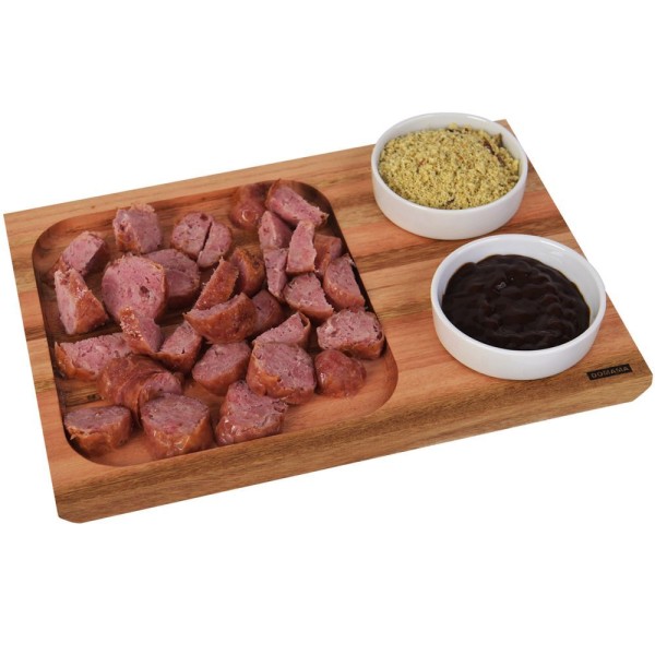 Encontraproduto.com.br - Tábua Para Servir Petiscos Churrasco Lanches 30x21cm 2 Molheiras De Porcelana 130ml Utily Domama