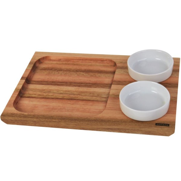 Encontraproduto.com.br - Tábua Para Servir Petiscos Churrasco Lanches 30x21cm 2 Molheiras De Porcelana 130ml Utily Domama