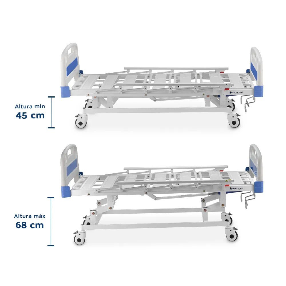 Encontraproduto.com.br - Cama Hospitalar Fowler Manual com 03 Manivelas com Grade e Rodízio DX3 - Dellamed