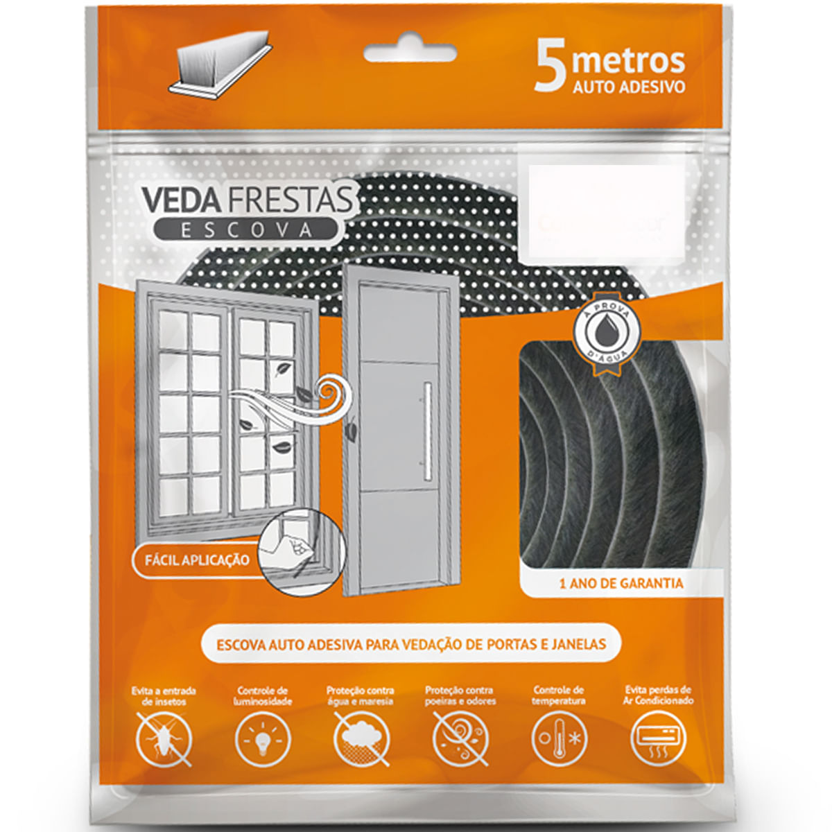 Encontraproduto.com.br - Veda Frestas Escova Fita Adesiva Portas E Janelas 5 Metros
