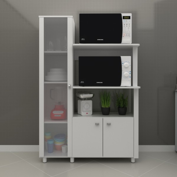 Encontraproduto.com.br - Balcão Multiuso Cozinha   BL-3304 c/ 3 Portas e Nicho p/ Microondas 96cm Branco - Tecno Mobili