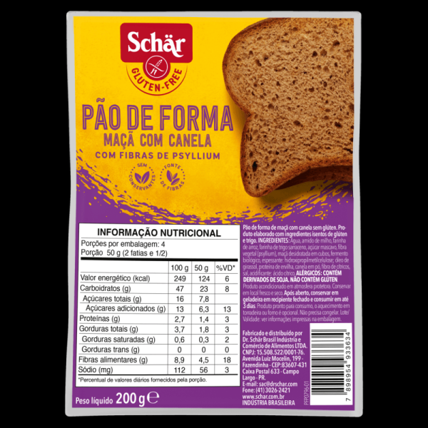 Pão de Forma Maçã com Canela  com Fibra de Psyllium sem Glúten Zero Lactose Schär Pacote 200g