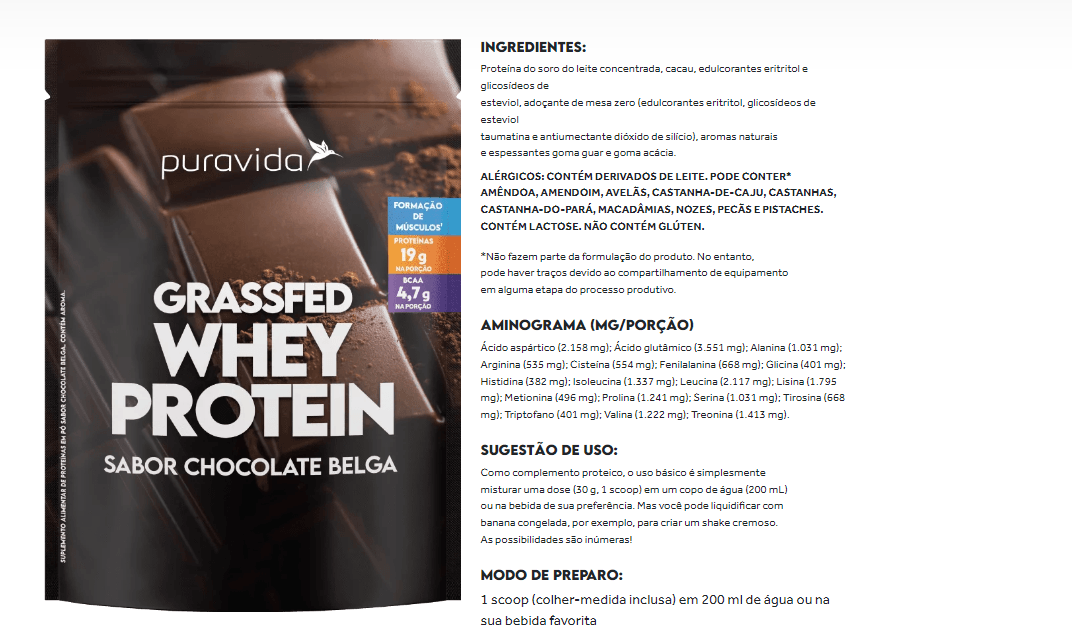 Encontraproduto.com.br - Grassfed Whey Protein Chocolate Belga Puravida 900g
