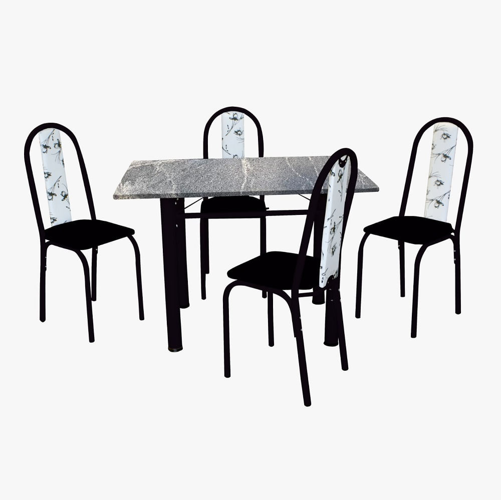 Conjunto de Mesa Michelly com 04 Cadeiras 110X75cm Moura - Preto/Preto/Branco Floral