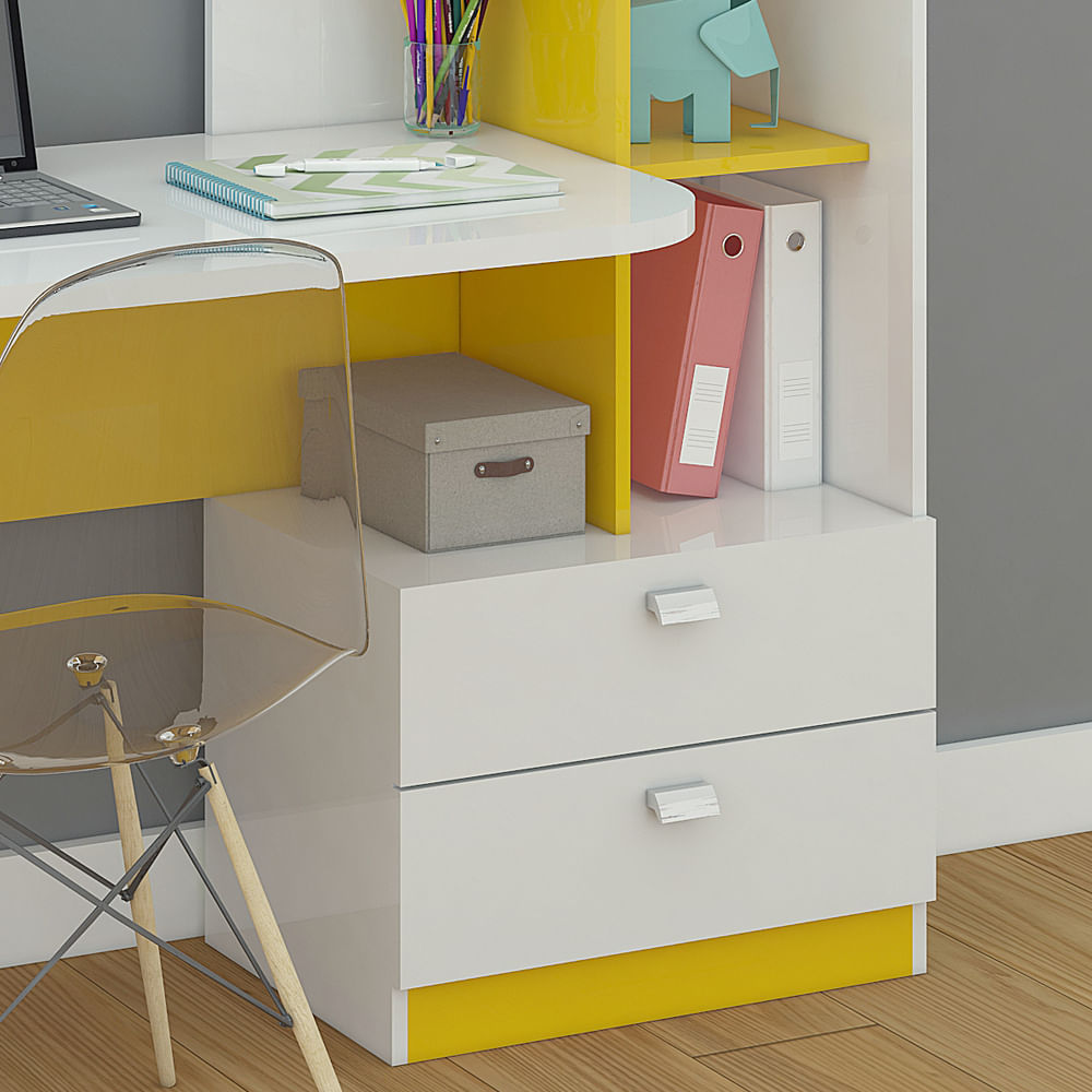 Encontraproduto.com.br - Mesa Computador Permobili Elisa com Gavetas - Branco/Amarelo