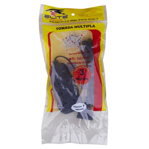 Encontraproduto.com.br - Extensão 3m 3 Tomadas 2P Elite Preta