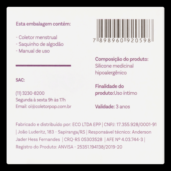 Encontraproduto.com.br - Coletor Menstrual Pop Tipo 1 com 12h de Proteção