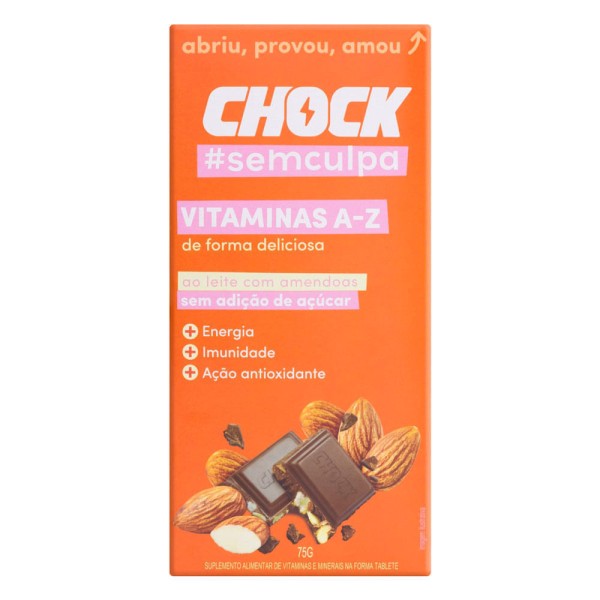 Suplemento Alimentar Tablete Chocolate ao Leite com Amêndoas Chock Vitaminas A-Z 75g