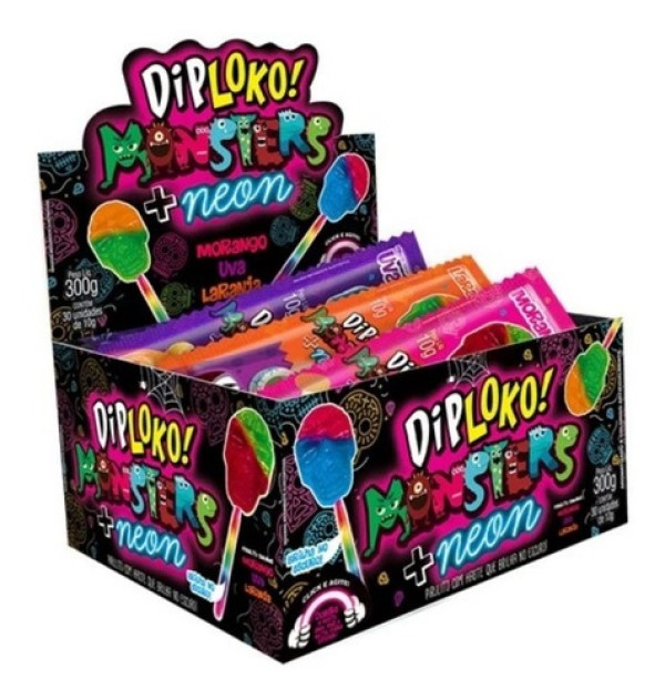 Pirulito Dip Loko Monster Caveira Neon Sortido c/30 - Danilla