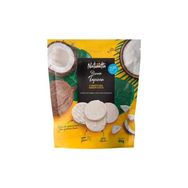 Encontraproduto.com.br - Biscoito Naturatta Tapioca Zero Açucar Cobertura Sabor Coco 60g