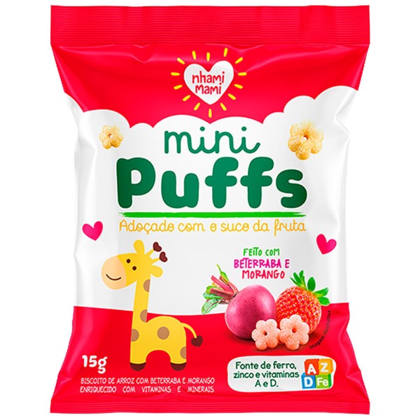 Encontraproduto.com.br - Snack Nhami Mami Mini Puffs Beterraba e Morango 15g