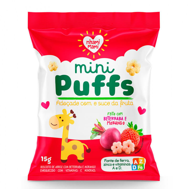Encontraproduto.com.br - Snack Nhami Mami Mini Puffs Beterraba e Morango 15g