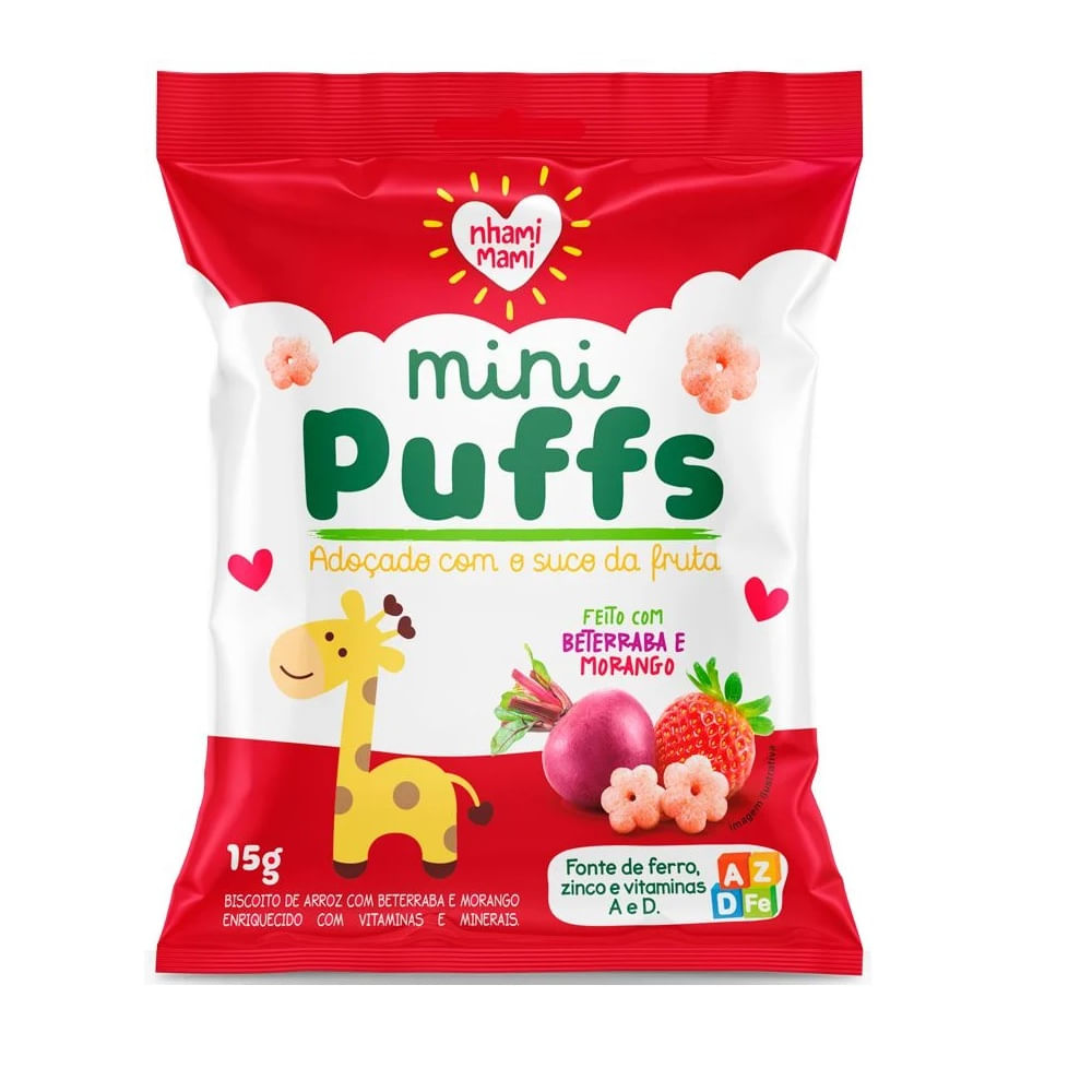 Encontraproduto.com.br - Snack Nhami Mami Mini Puffs Beterraba e Morango 15g