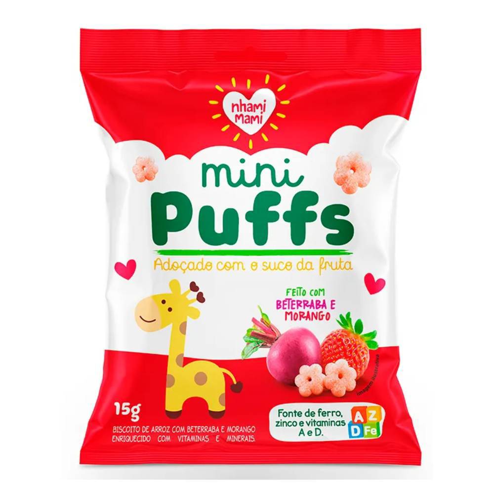 Encontraproduto.com.br - Snack Nhami Mami Mini Puffs Beterraba e Morango 15g