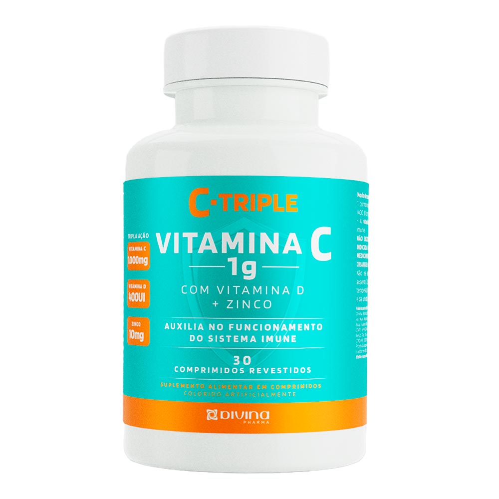 Encontraproduto.com.br - Vitamina C Triple 1g + Zinco  + Vitamina D Com 30 Comprimidos Divina