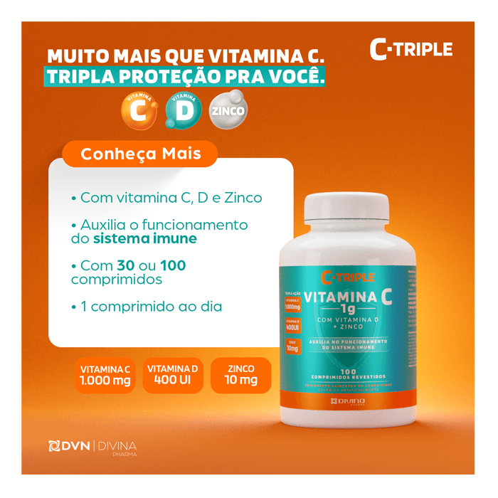 Encontraproduto.com.br - Vitamina C Triple 1g + Zinco  + Vitamina D Com 30 Comprimidos Divina