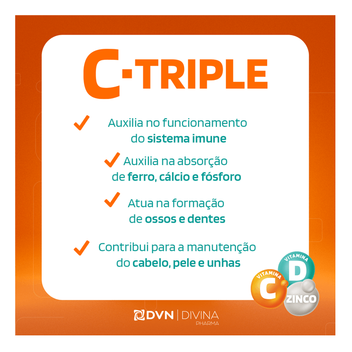 Encontraproduto.com.br - Vitamina C Triple 1g + Zinco  + Vitamina D Com 30 Comprimidos Divina