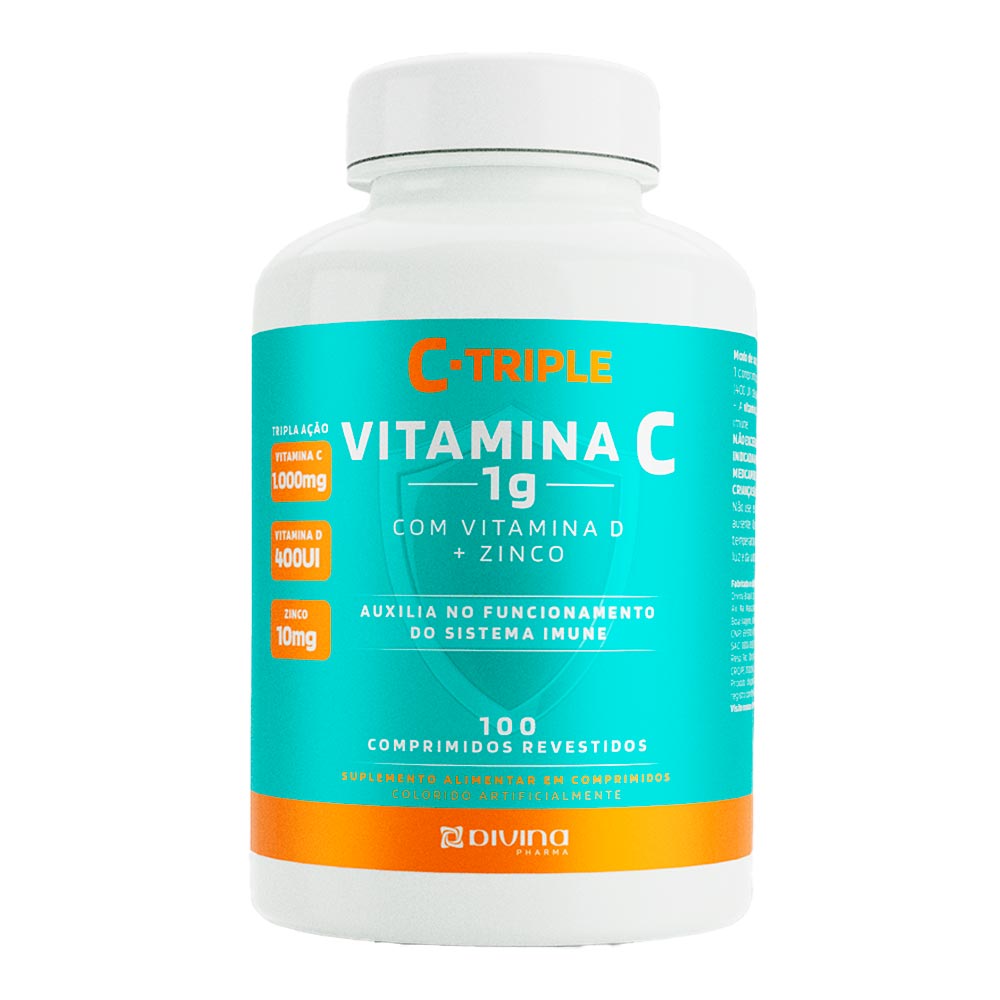 Encontraproduto.com.br - Vitamina C Triple 1g + Zinco + Vitamina D Com 100 Comprimidos Divina