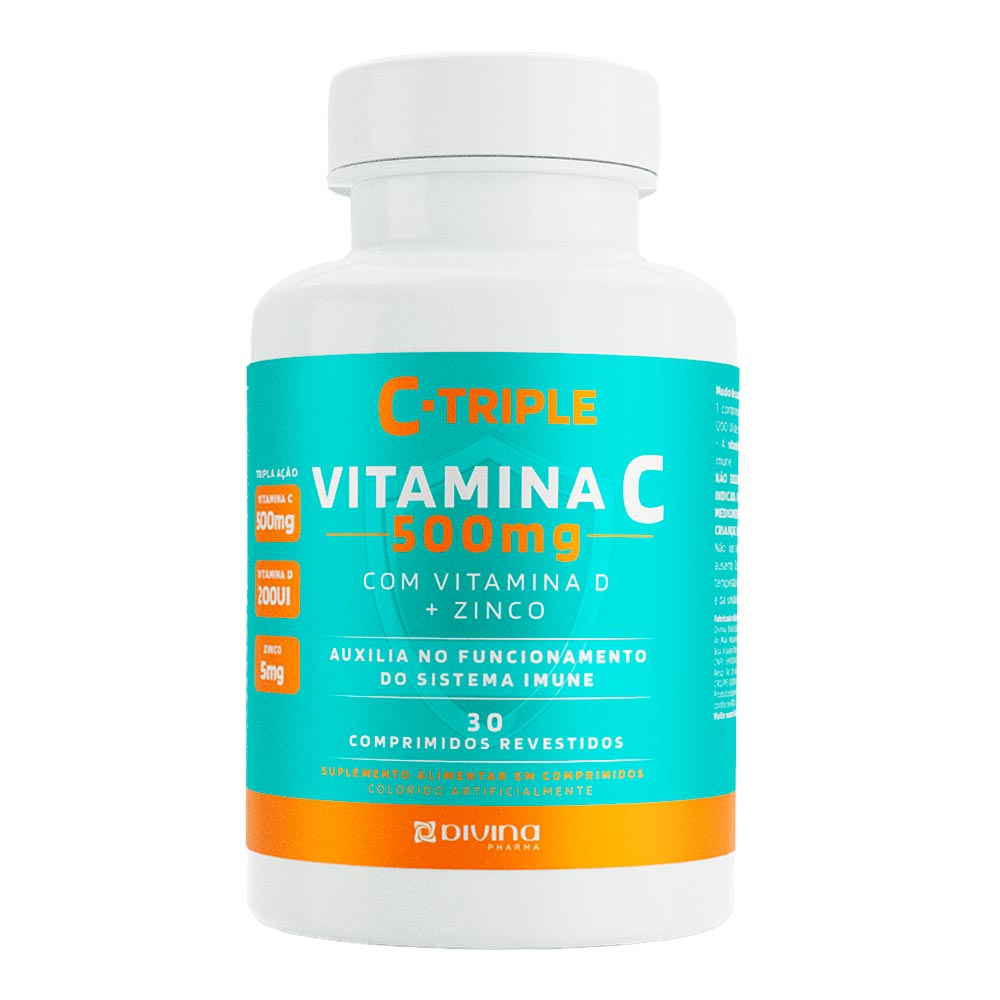 Encontraproduto.com.br - Vitamina C Triple 500mg Com Vitamina D + Zinco Com 30 Comprimidos Divina