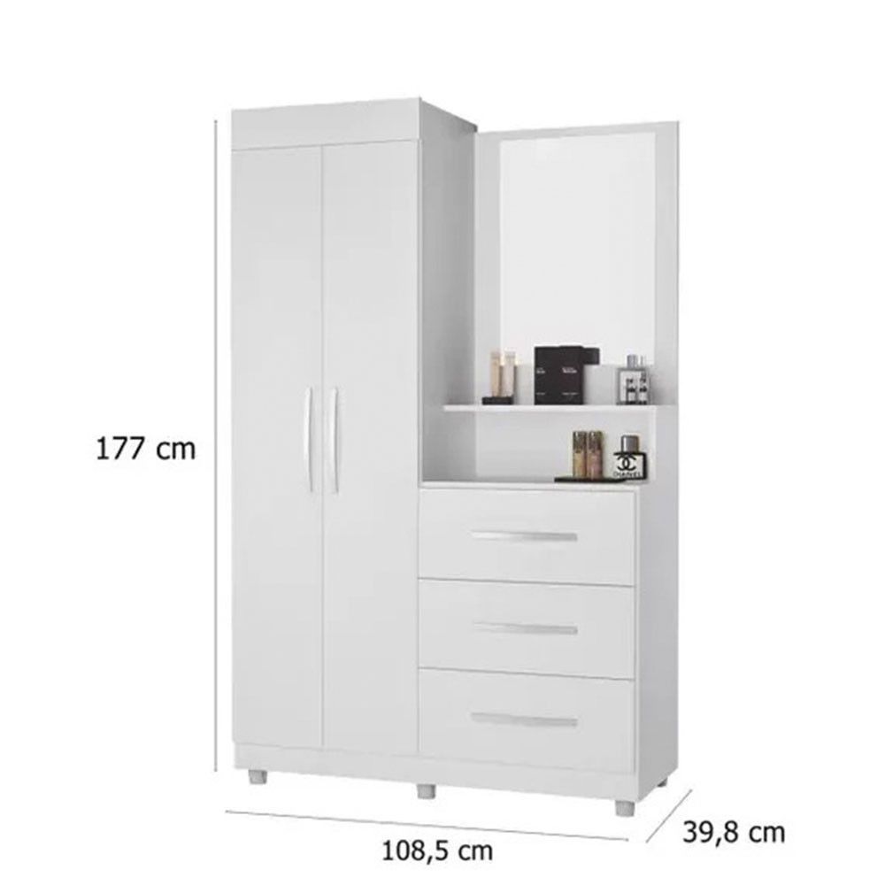 Encontraproduto.com.br - Guarda Roupa Solteiro Com Espelho 2 Portas E 3 Gavetas ônix Móveis Primus Branco