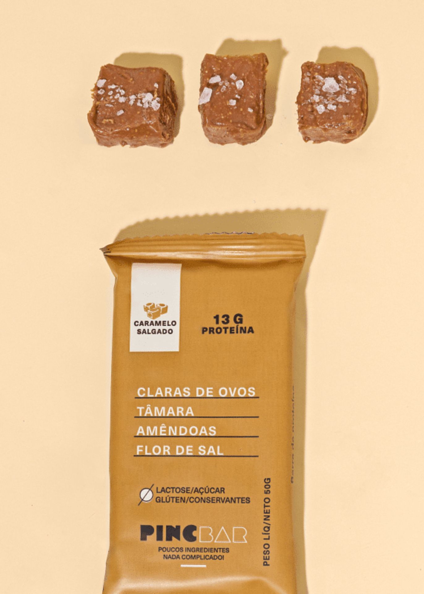 Encontraproduto.com.br - Barra de Proteina PINCBAR Caramelo Salgado sem Lactose, sem Açúcar e sem Glúten 50g