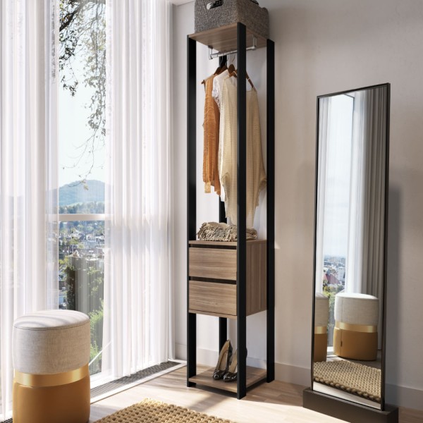 Encontraproduto.com.br - Estante Para Quarto Com Cabideiro Em Aço E 2 Gavetas 1,83 M Cor:preto Com Montana Preto Com Montana