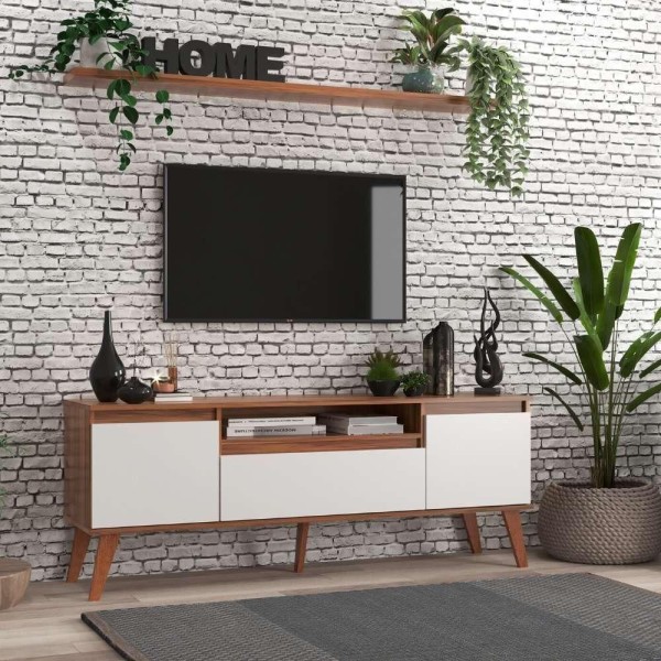 Rack Para Tv Com Prateleira 150cm Retro Mdf Nogal Com Branco Dallas - On Móveis