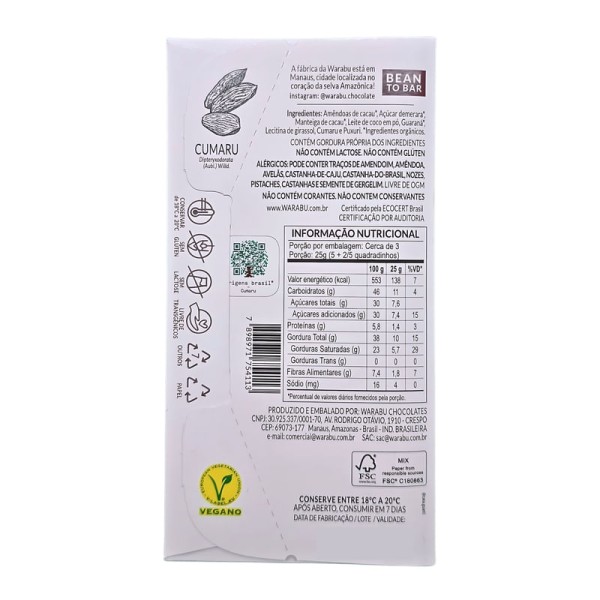 Encontraproduto.com.br - Chocolate 54% ao Leite de Coco com Cumaru Puxuri e Guaraná 70g WARABU Chocolates