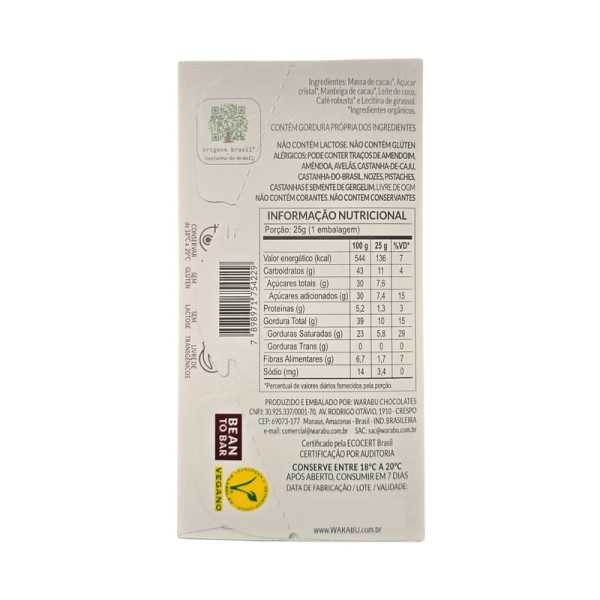 Encontraproduto.com.br - Chocolate Ao Leite De Coco Café Robusta Amazônico 53% Cacau Warabu 25g