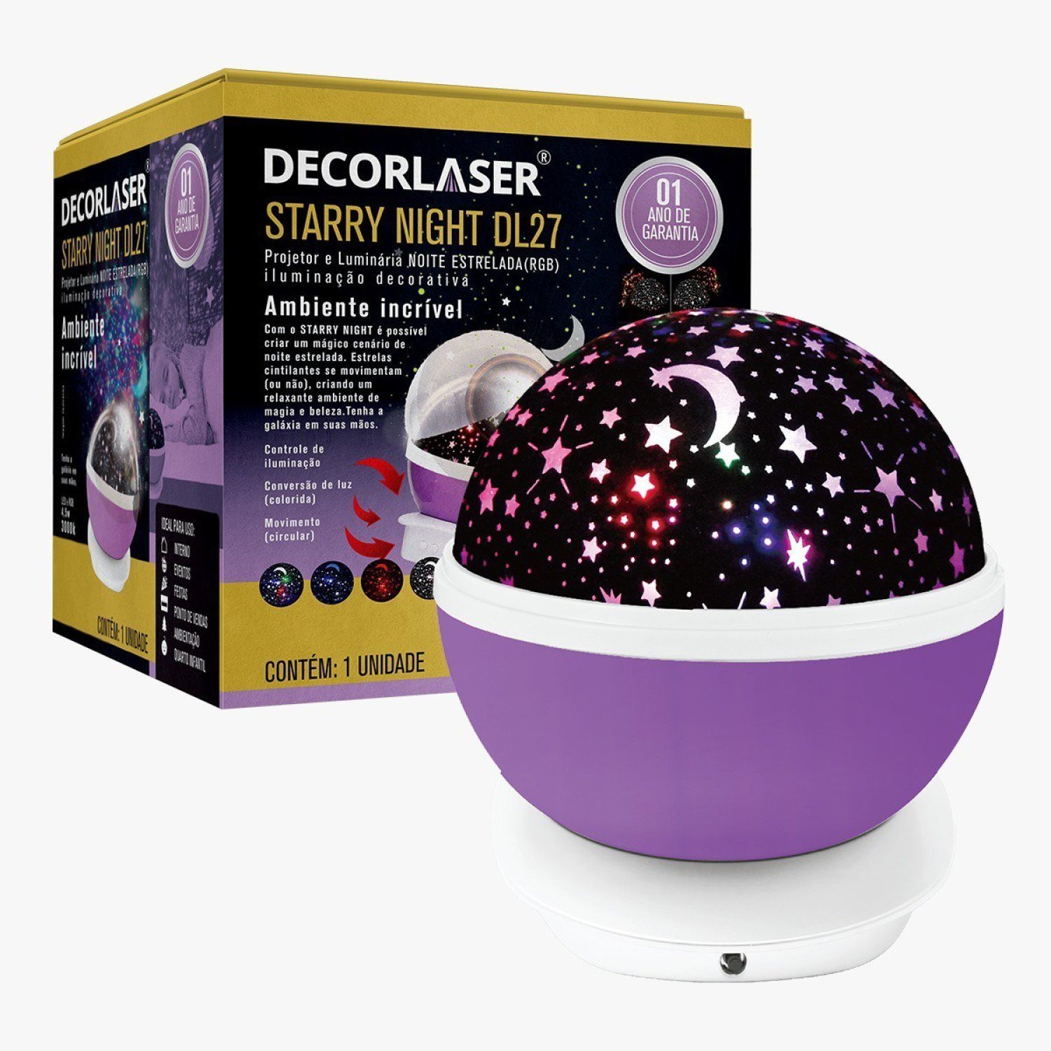 Luminária Abajur Gira Projetor Estrelas LED RGB Starry Night Decorlaser Roxo