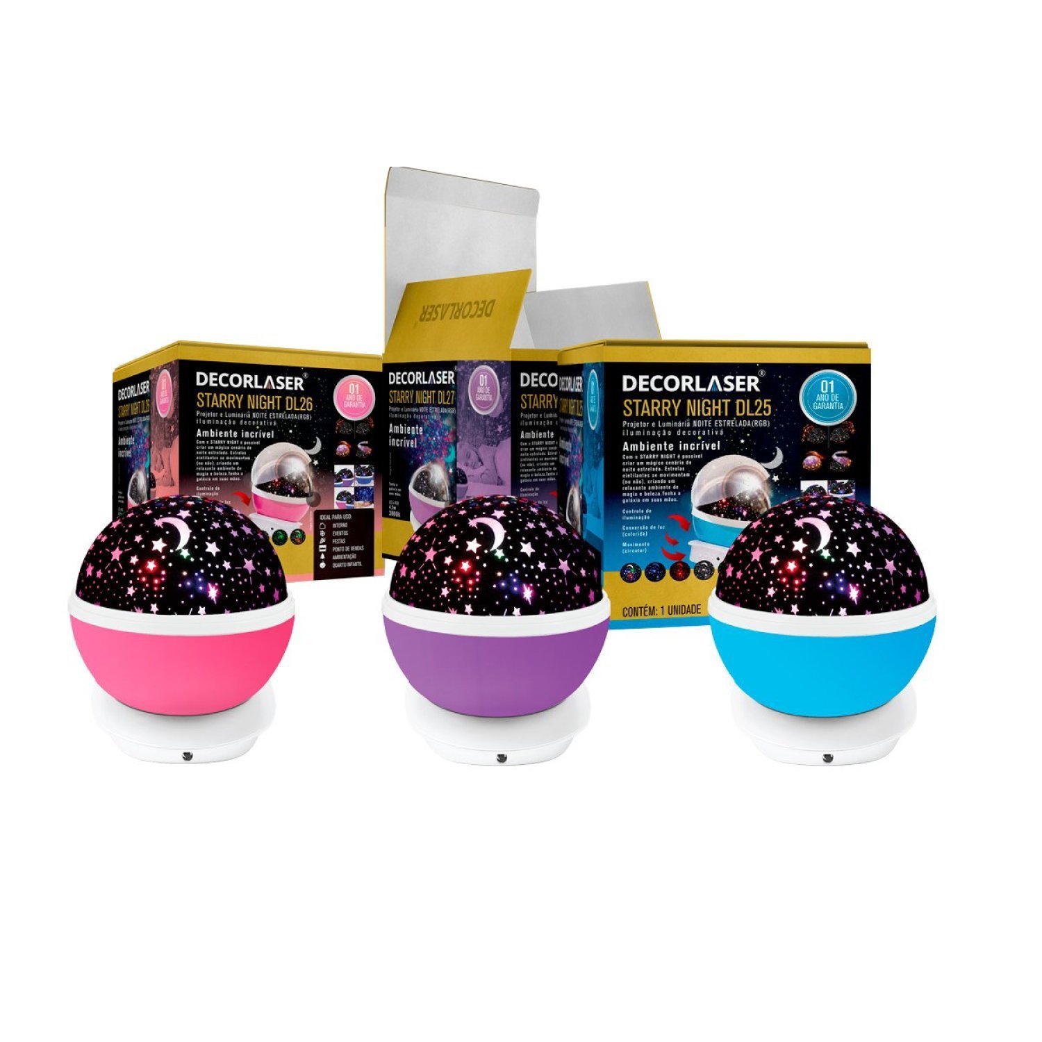 Encontraproduto.com.br - Luminária Abajur Gira Projetor Estrelas LED RGB Starry Night Decorlaser Roxo