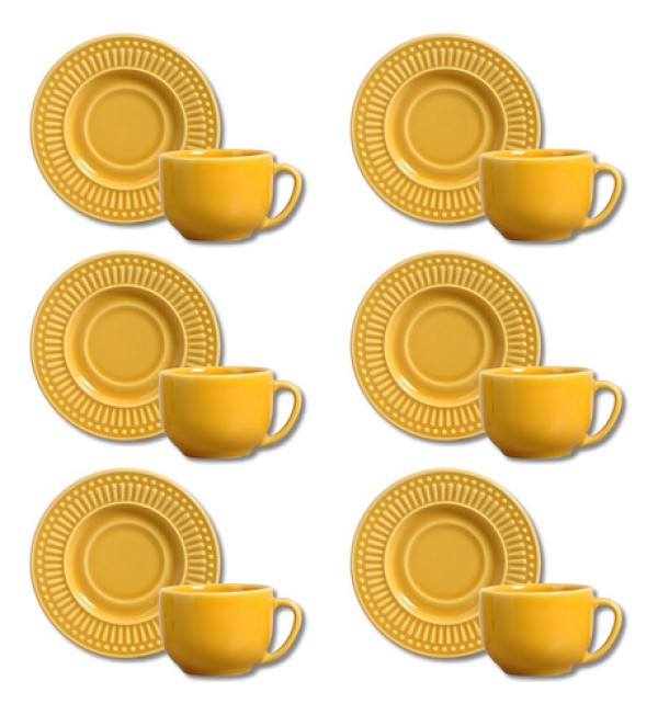 Encontraproduto.com.br - Conjunto de 6 Xícaras e 6 Pires Chá 160ml Roma Mostarda Porto Brasil