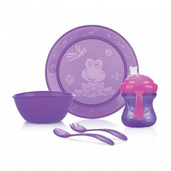 Encontraproduto.com.br - Kit Alimentação com 5 Peças Fun Feeding Lilás Orquídea (6m+) - Nuby