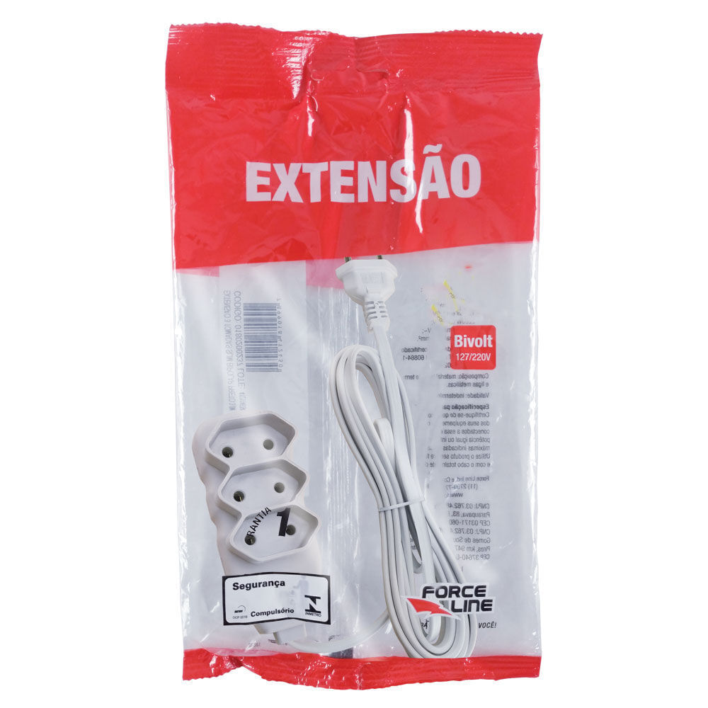 Encontraproduto.com.br - Extensão Elétrica com 3 Tomadas Slim Bipolar Branco 3M - Force Line