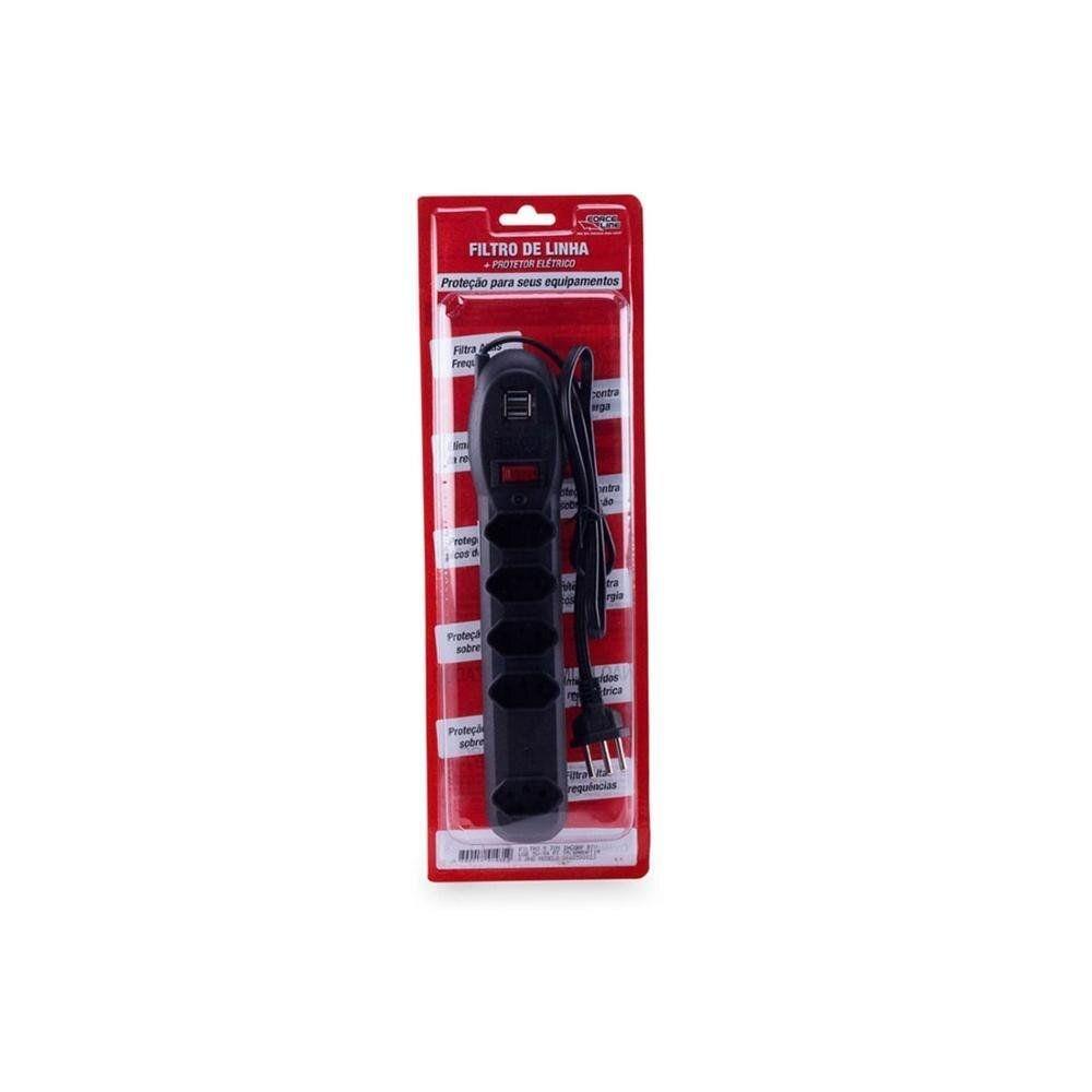 Encontraproduto.com.br - Filtro de Linha Force Line, 5 Tomadas, 2 USB, Preto - 60500023