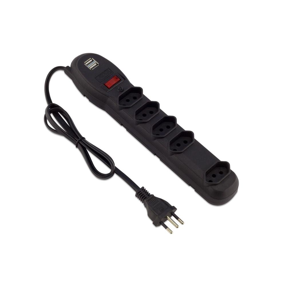 Encontraproduto.com.br - Filtro de Linha Force Line, 5 Tomadas, 2 USB, Preto - 60500023