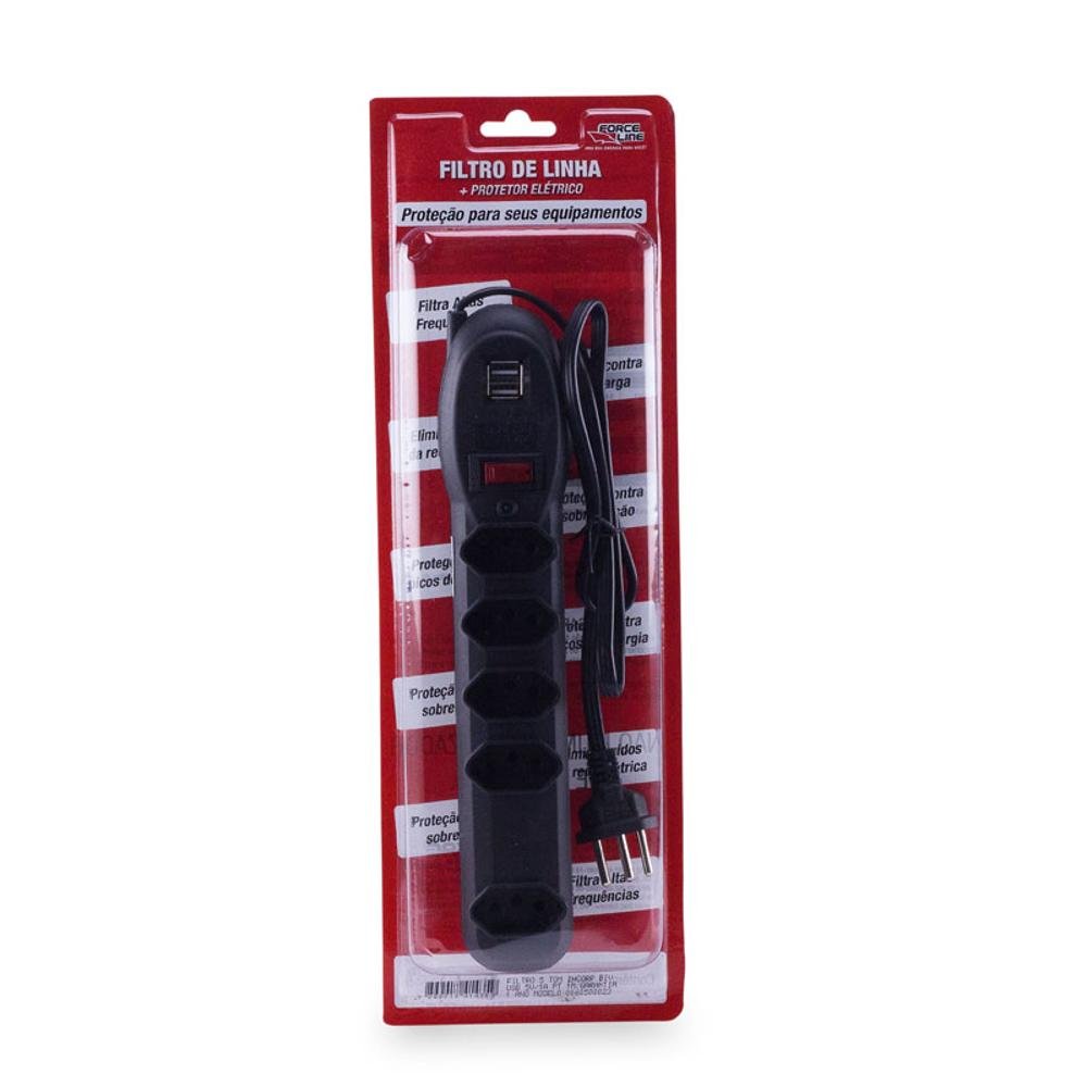 Encontraproduto.com.br - Filtro de Linha Force Line, 5 Tomadas, 2 USB, Preto - 60500023