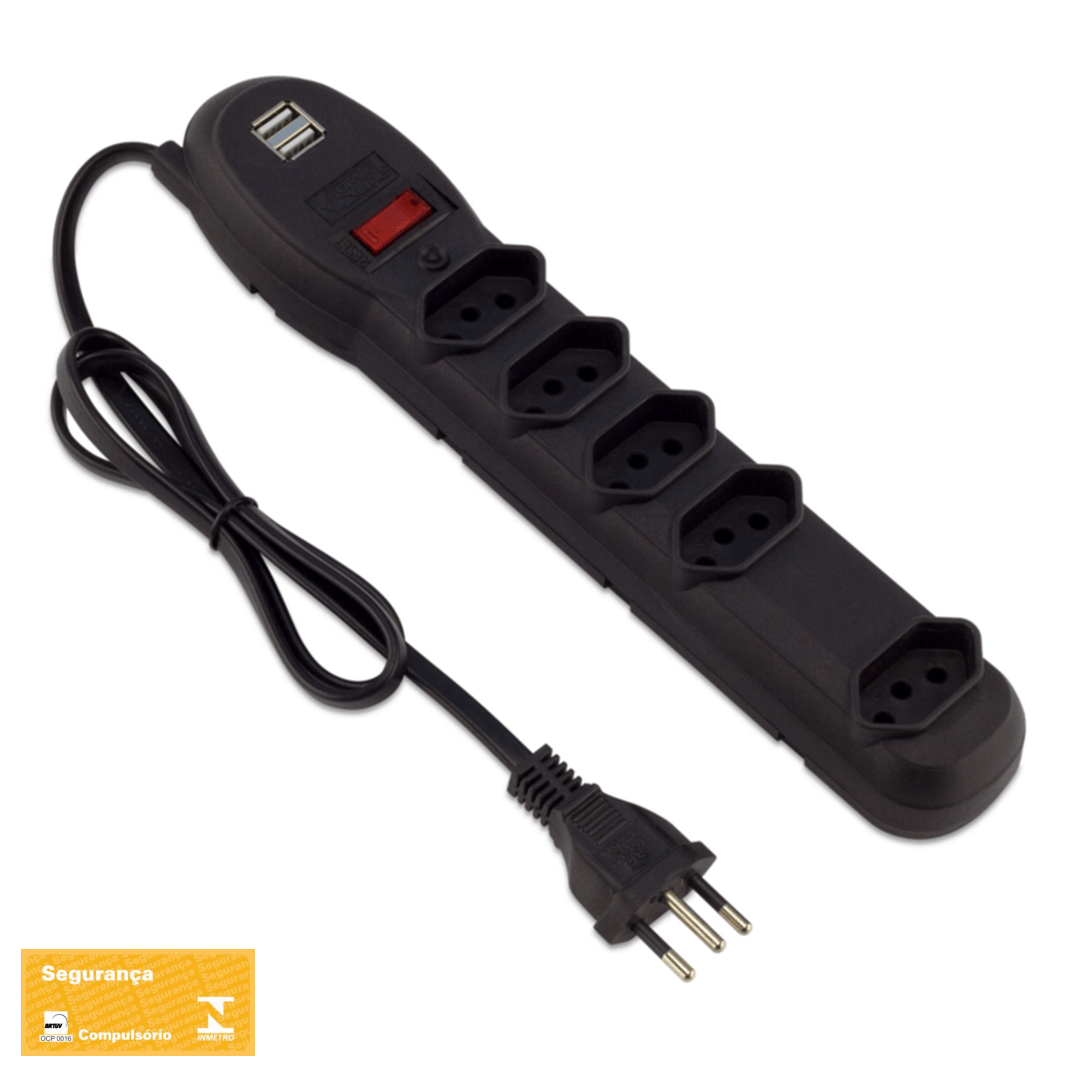 Encontraproduto.com.br - Filtro de Linha Force Line, 5 Tomadas, 2 USB, Preto - 60500023