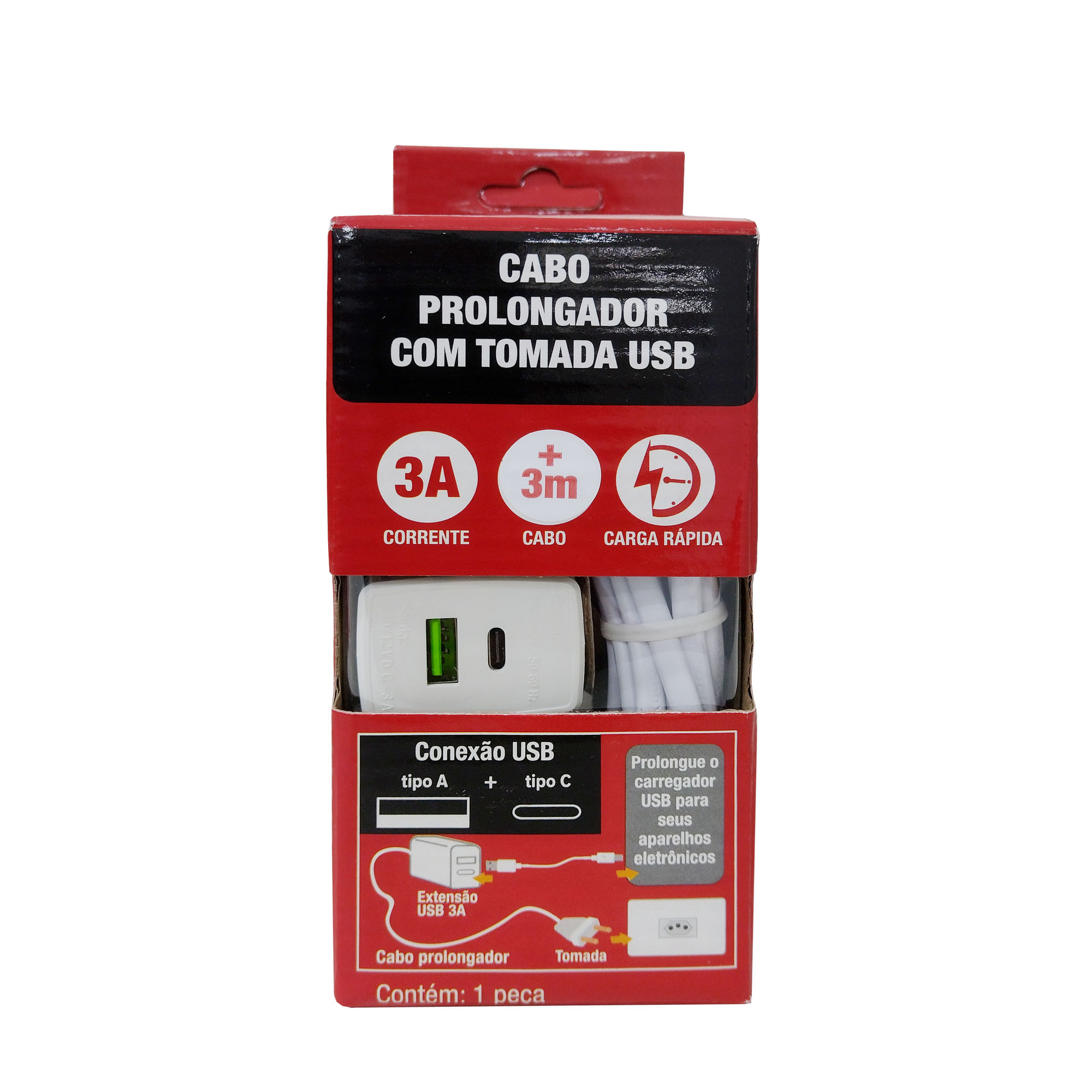 Encontraproduto.com.br - Cabo Prolongador com Tomada USB 3A Branco 3Metros Force Line