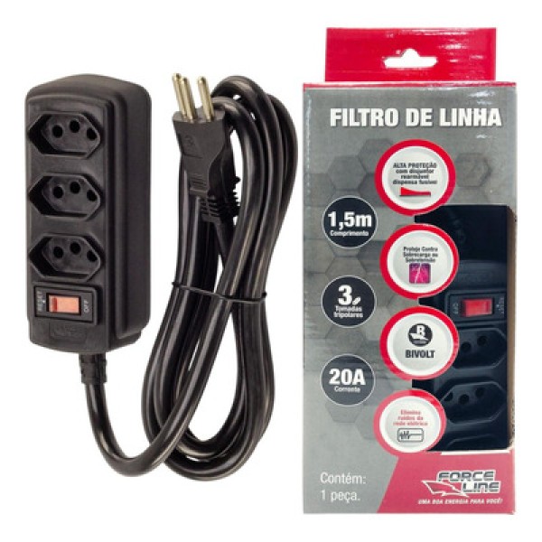 Encontraproduto.com.br - Filtro De Linha 3 Tomadas 1,5m 20a Preto Force Line