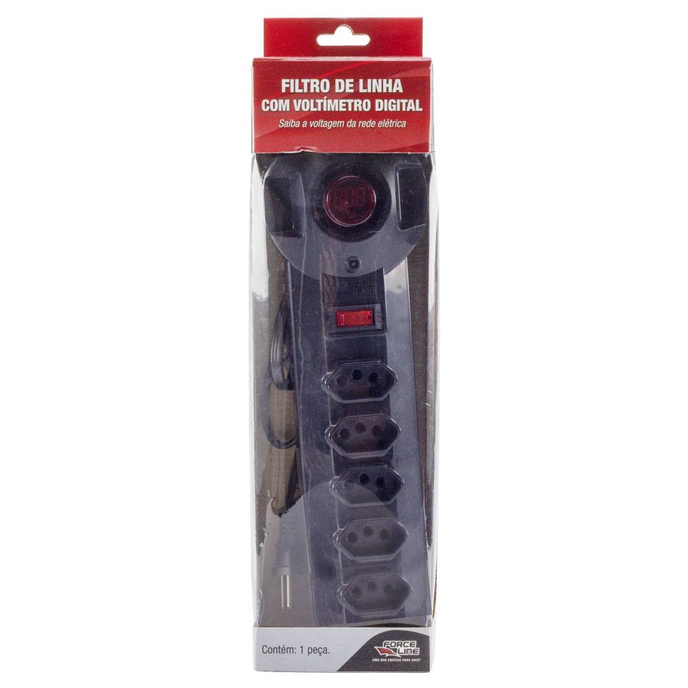 Encontraproduto.com.br - Filtro de Linha com 5 tomadas com voltímetro digital 1 metro Preto