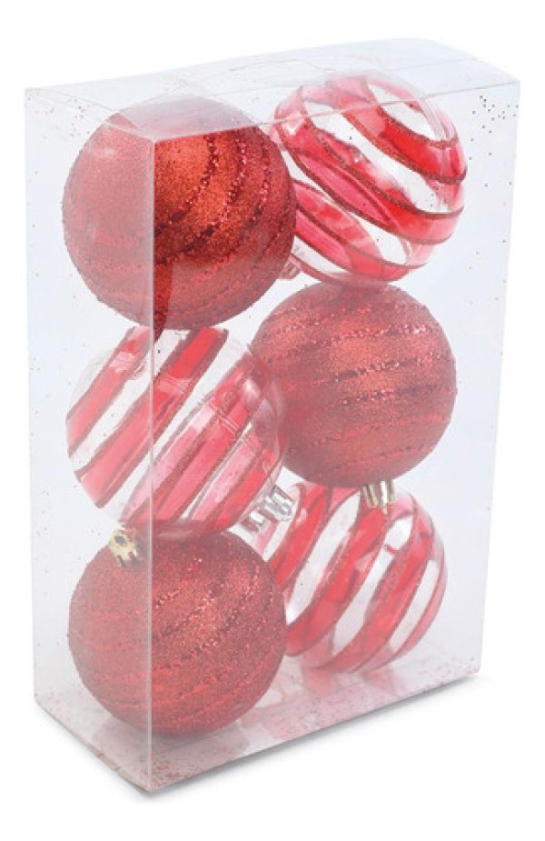 Bola De Natal Glitter Com Listras Vermelha 8Cm Jg 6 1001971