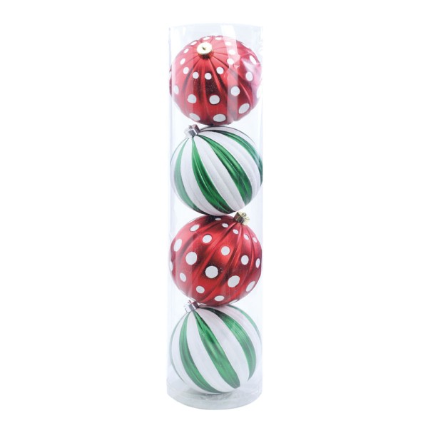 Bola De Natal Listras E Poa Vermelho 15Cm Jg 4 Unid 1002237